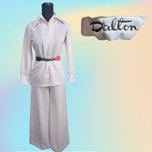 VTG 70's Dalton White pink Gray Patterned Wide Leg pants, L/S Top, & Belt  Sz 6